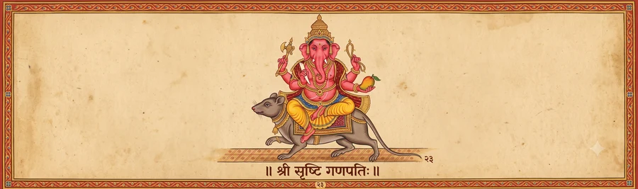 An illustration of Srishti Ganapati, four-armed, riding a large rat, holding his tusk, a goad, a noose, and a mango.