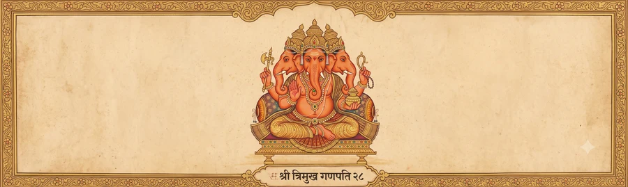 An illustration of Trimukha Ganapati, three faces, six-armed, holding a goad, a rosary, a noose, and a pot of ambrosia, hands raised in gestures of blessing and fearlessness.