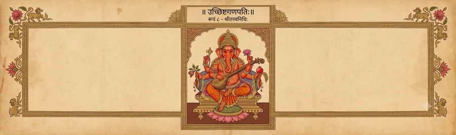 An illustration of Ucchhishta Ganapati, six-armed, holding a rosary, a pomegranate, an ear of paddy, a lotus, a lute, and a guja berry.