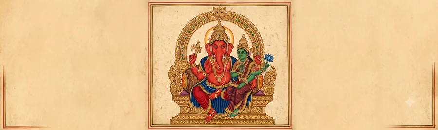 An illustration of Varada Ganapati, the boon-giving form, four-armed, seated beside his Shakti, one hand extended in blessing.