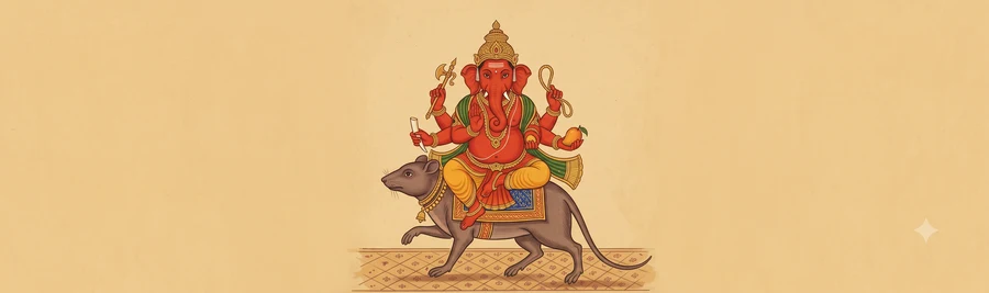 An illustration of Vijaya Ganapati, four-armed, seated astride his rat mount, holding his tusk, a goad, a noose, and a mango.