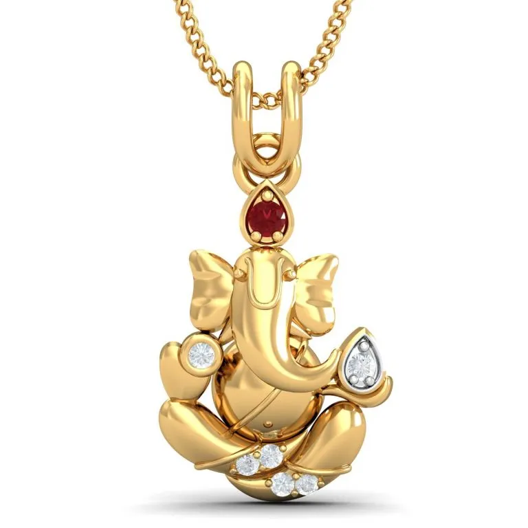 A gold pendant necklace shaped like Ganesh's face, set with a ruby and diamonds.