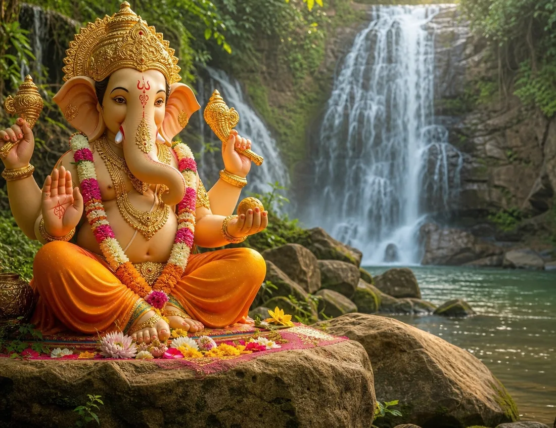 A golden Ganesh idol seated on a rock in a lush forest, garlanded with flowers, beside a waterfall and a clear pool.