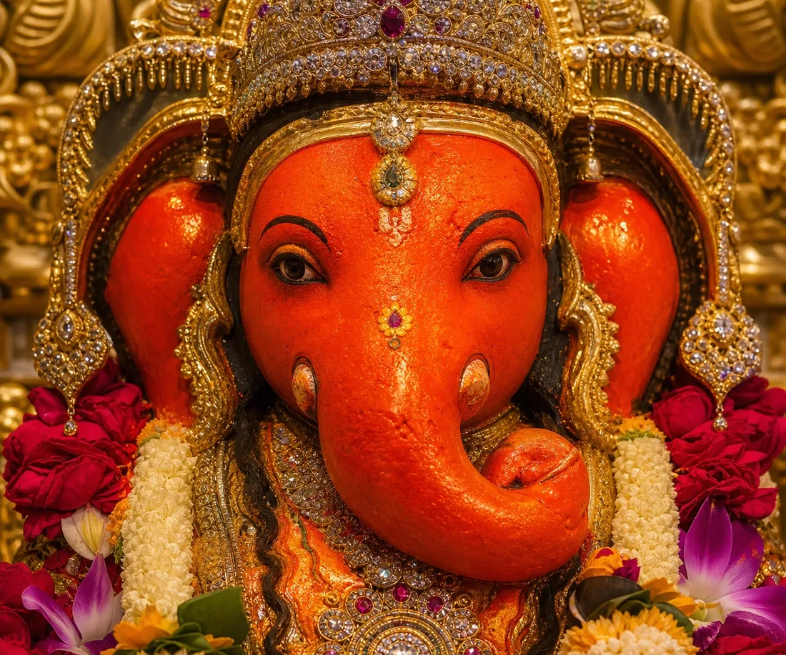 A close-up of a vermilion-hued Ganesh idol's face, bejeweled with a diamond crown and marigold garlands.