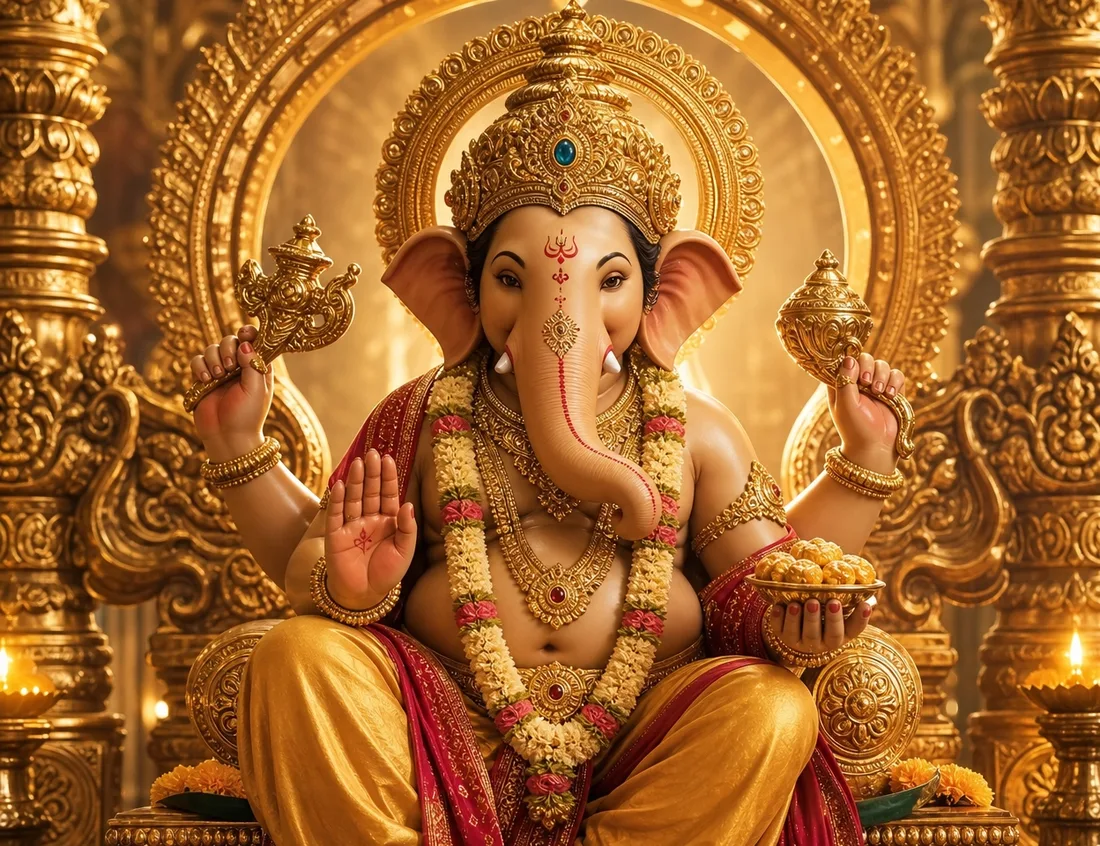 A four-armed golden Ganesh idol enthroned, trunk curved gently to his right, holding a mace and a vessel in his upper hands and a bowl of laddus in one lower hand.