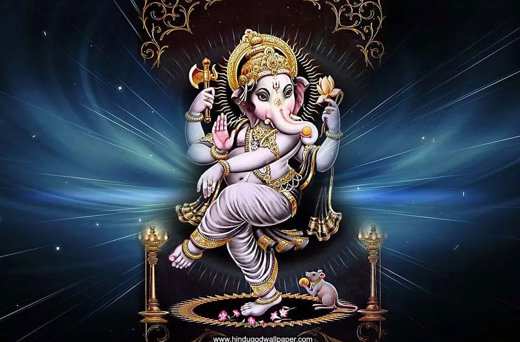 A digital illustration of Ganesh dancing on one leg beside a small mouse, against a glowing blue backdrop with lit oil lamps.