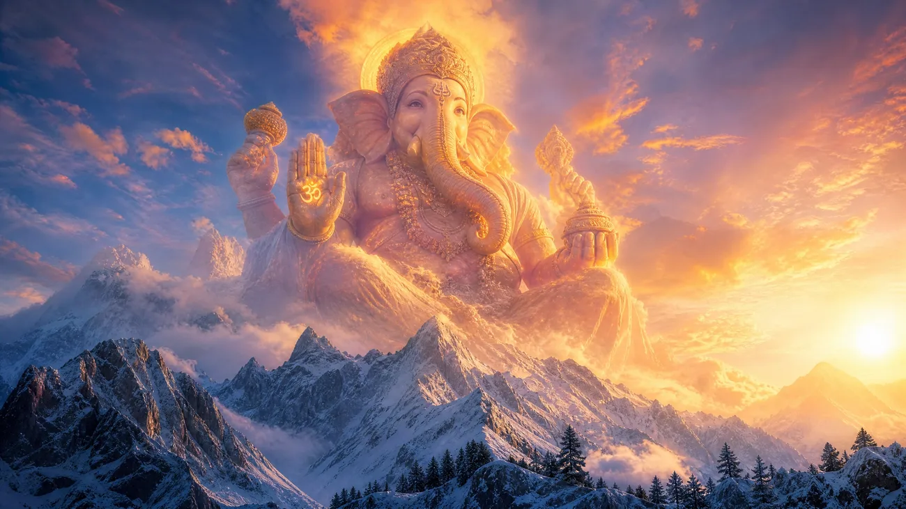 A radiant, elephant-headed Ganesh emerging from golden clouds above snow-capped Himalayan peaks at sunrise, one hand raised in blessing.